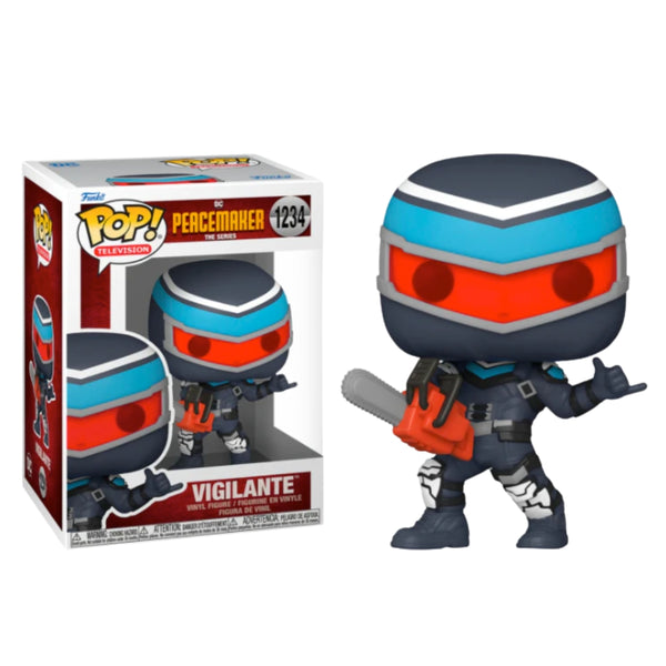 Peacemaker Vigilante Posing with Chainsaw and Rock On Hand Gesture Pop Vinyl Figure